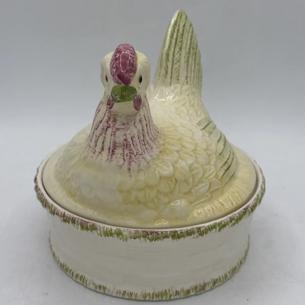 VTG Ceramic Hen on Nest Chicken Covered Dish Basket Candy Bowl Yellow Green 6